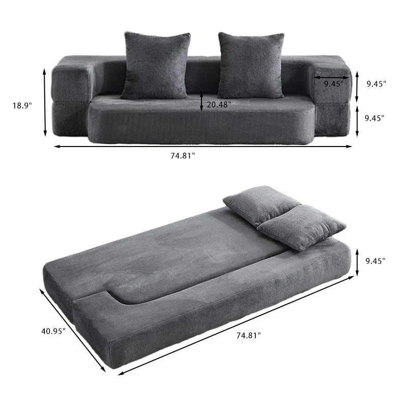 Divano Sezionale Trasformabile con 3 Sgabelli Pouf - Letto Pieghevole in Schiuma di Supporto, Chaise Longue Compatta in ciniglia