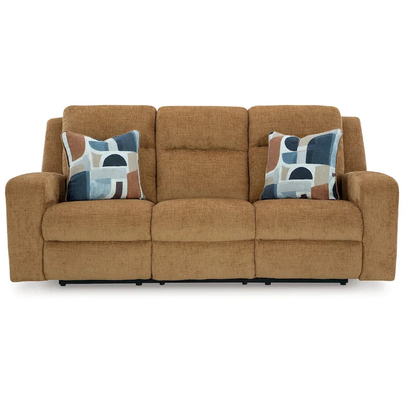 Divano reclinabile manuale Damon, poliestere cammello, 2 cuscini, 86 pollici