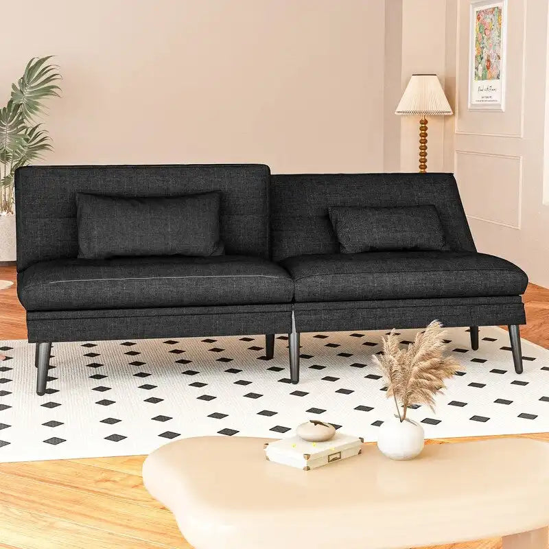 Grondin Convertible Futon Sofa Bed, 5-Angle Adjustable Backrest Sleeper Couch with 2 Pillows, Modern Style Recliner Lounge