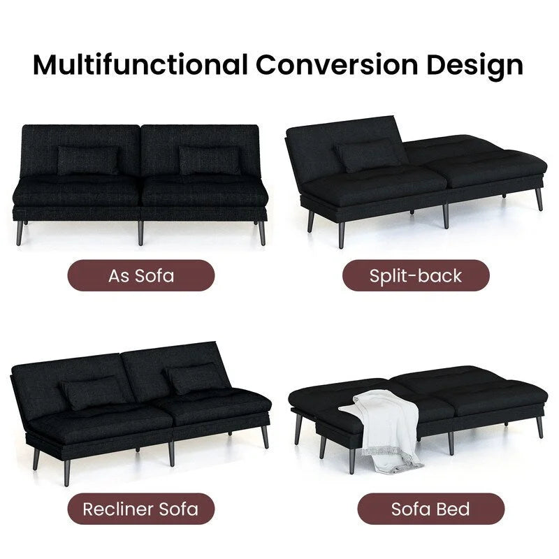 Grondin Convertible Futon Sofa Bed, 5-Angle Adjustable Backrest Sleeper Couch with 2 Pillows, Modern Style Recliner Lounge