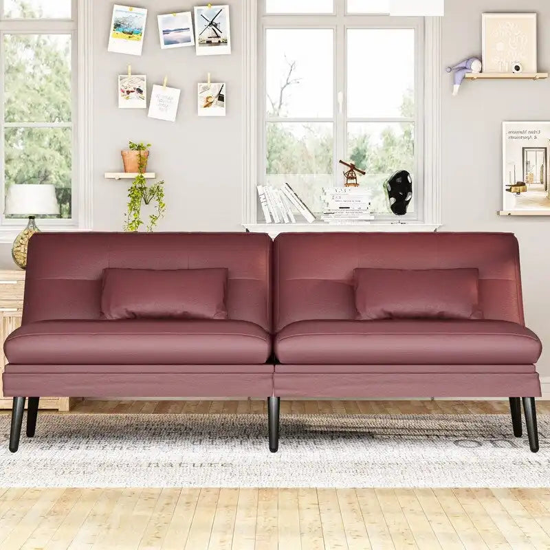 Grondin Convertible Futon Sofa Bed, 5-Angle Adjustable Backrest Sleeper Couch with 2 Pillows, Modern Style Recliner Lounge