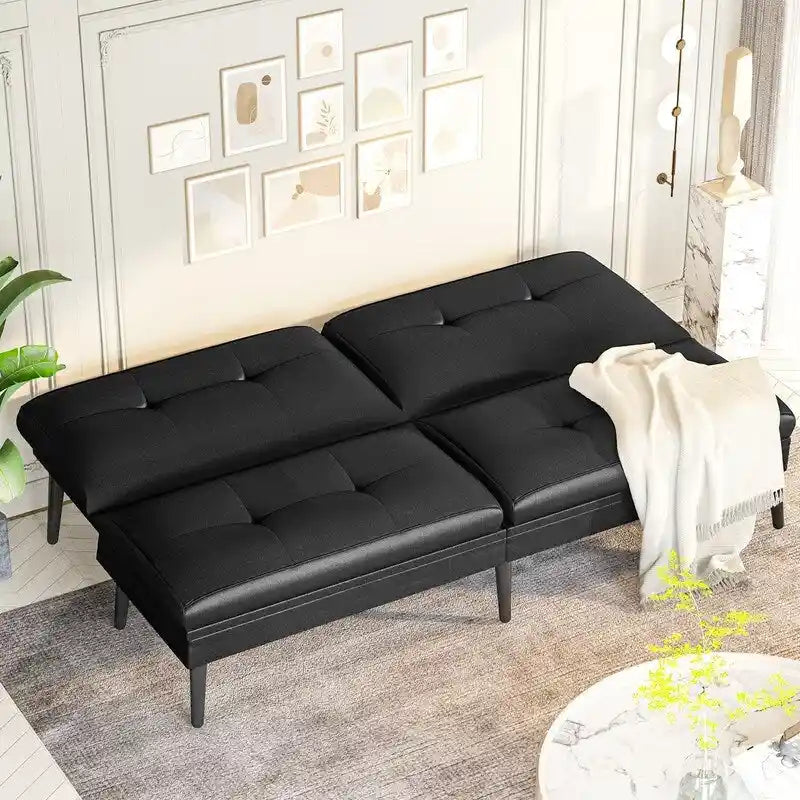 Grondin Convertible Futon Sofa Bed, 5-Angle Adjustable Backrest Sleeper Couch with 2 Pillows, Modern Style Recliner Lounge