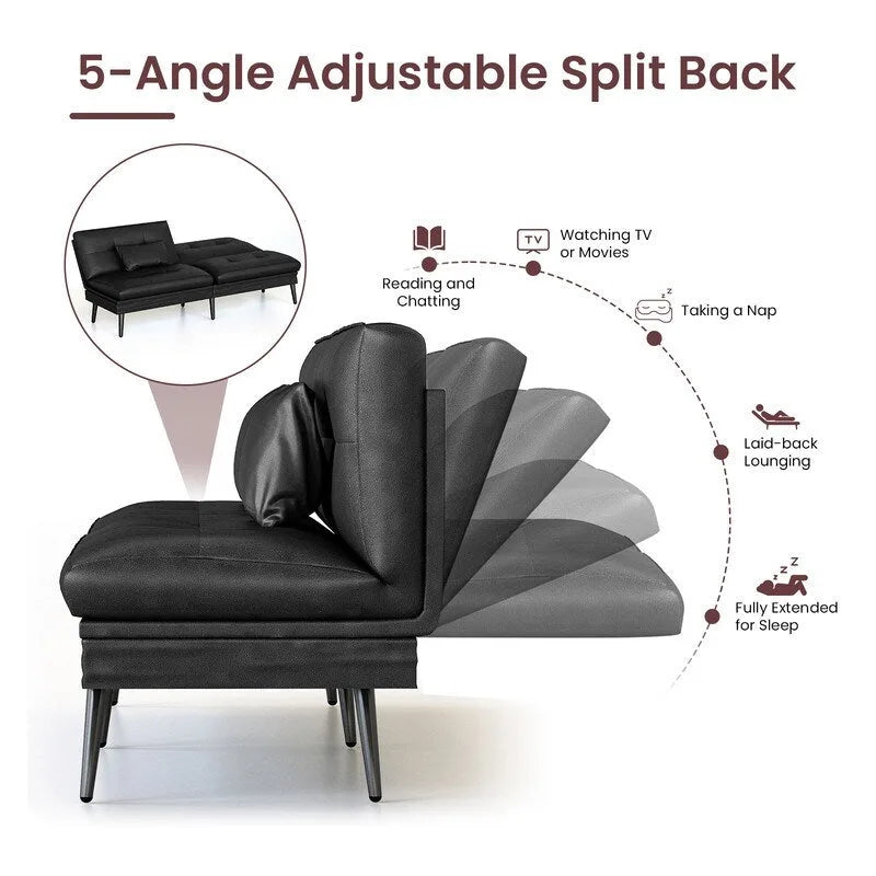 Grondin Convertible Futon Sofa Bed, 5-Angle Adjustable Backrest Sleeper Couch with 2 Pillows, Modern Style Recliner Lounge
