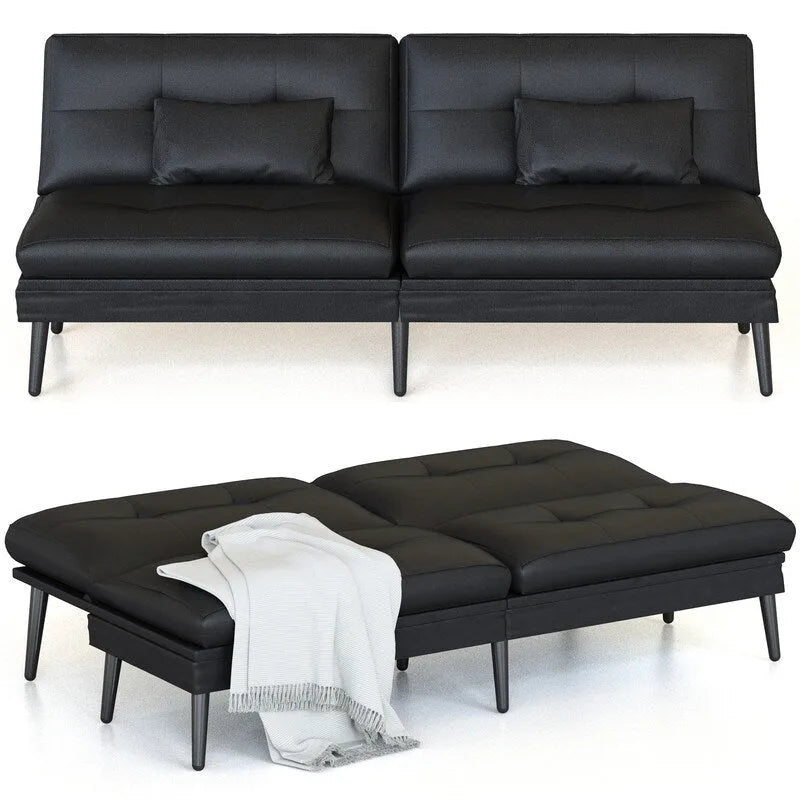 Grondin Convertible Futon Sofa Bed, 5-Angle Adjustable Backrest Sleeper Couch with 2 Pillows, Modern Style Recliner Lounge