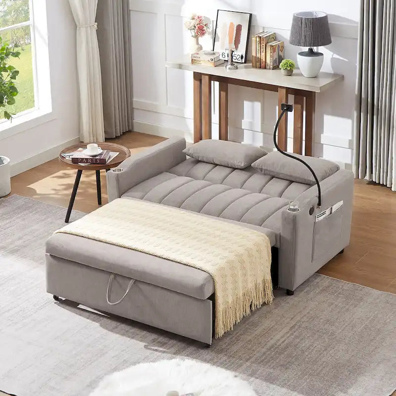 Roomfitters Convertible Loveseat Sofa Bed with USB Ports, Side Pockets, Cup Holders, and Swivel Phone Holder for Living Room