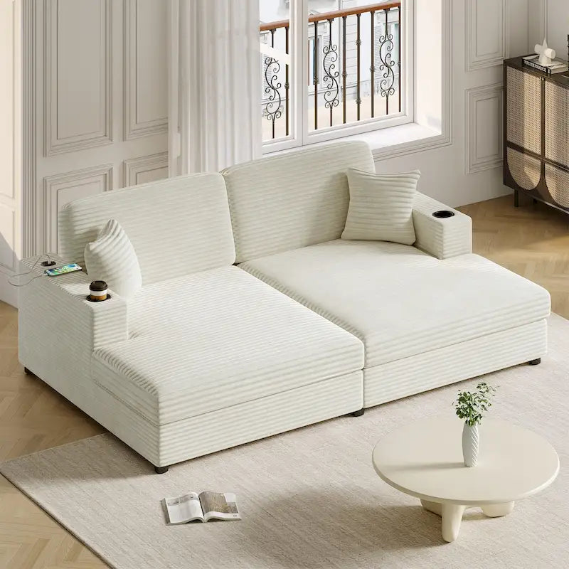 Roomfitters Oversized Loveseat Chaise Lounge Sectional Sofa Bed, Corduroy Sleeper with USB Ports, Cup Holders