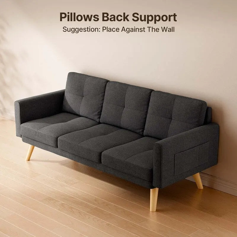 67 Sofa Couch with Soft Armrest Small Sofa Seat with 3 Comfy Pillows3-Seater Couch for Livingroom