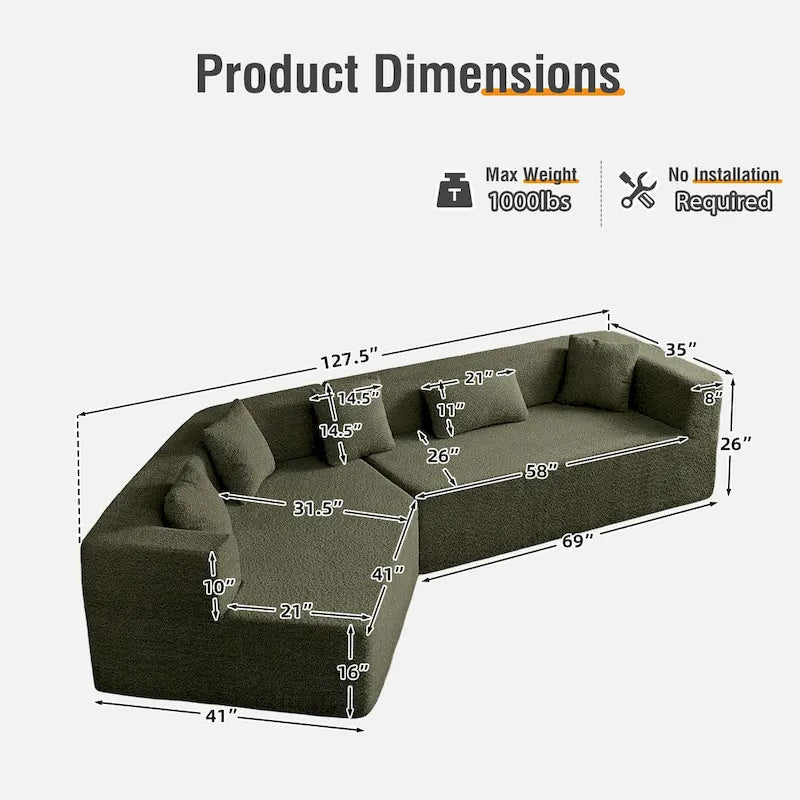 127.5 Polyester Upholstered Modular Oversized Minimalist Comfy Sectional Compressed Sofa