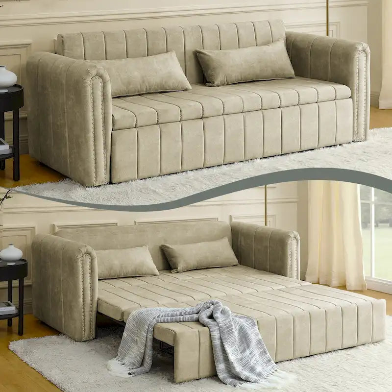Divano letto lounge moderno trasformabile in velluto imbottito, con braccioli arrotolati decorati con borchie color rame