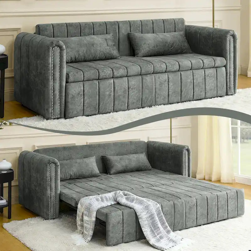 Divano letto lounge moderno trasformabile in velluto imbottito, con braccioli arrotolati decorati con borchie color rame