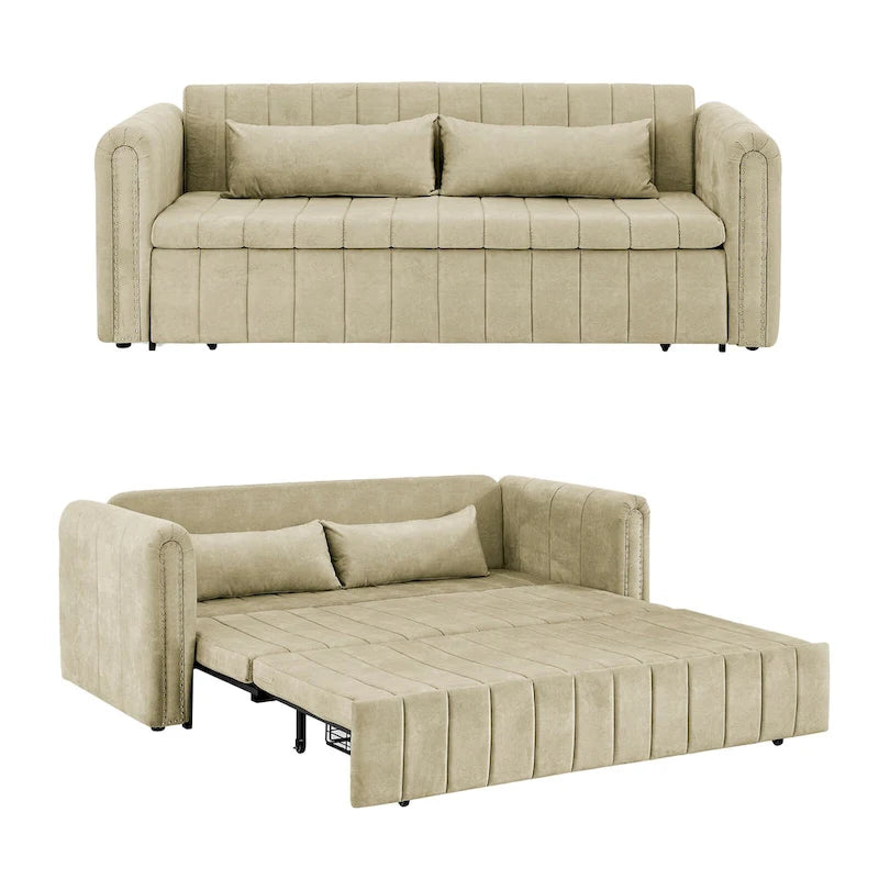 Divano letto moderno convertibile imbottito in velluto con braccioli arrotolati decorati con borchie in rame