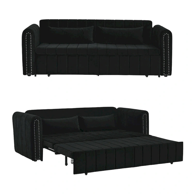 Divano letto moderno convertibile imbottito in velluto con braccioli arrotolati decorati con borchie in rame