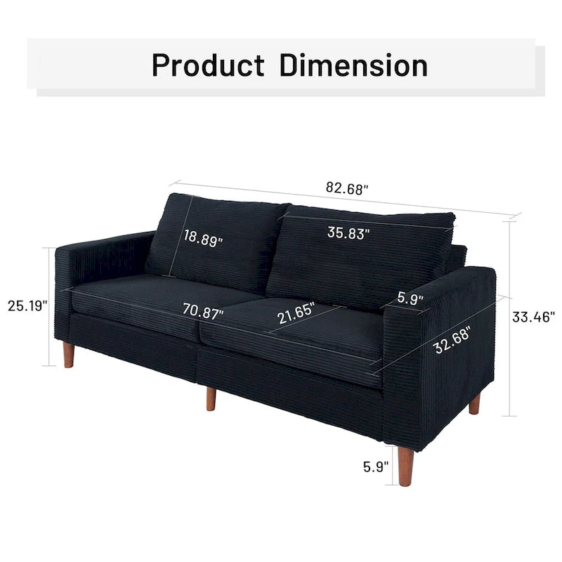 82.68 in. L Corduroy Mid-Century Modern Rectangle 2-Seater Loveseat with Square Arm