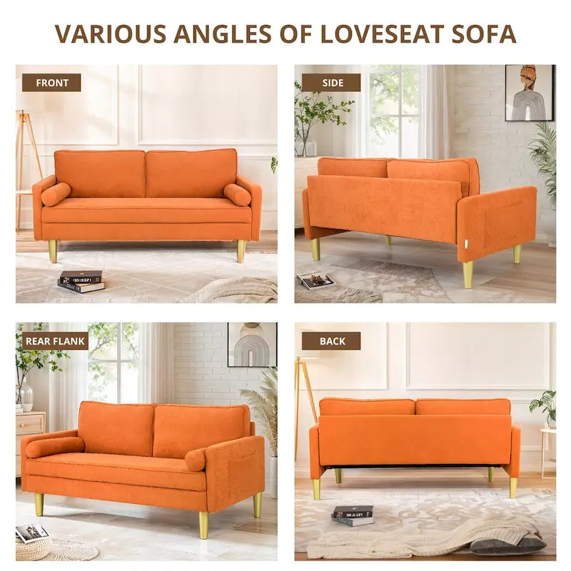 Squisito Divanetto a Due Posti in Poliestere Arancione da 165 cm con Tasche Laterali e Cuscini Rotondi - 165 cm