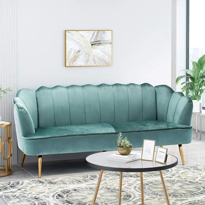 76.25 3-Sitzer-Sofa aus Samt mit Rautensteppung und Metallbeinen für das Wohnzimmer