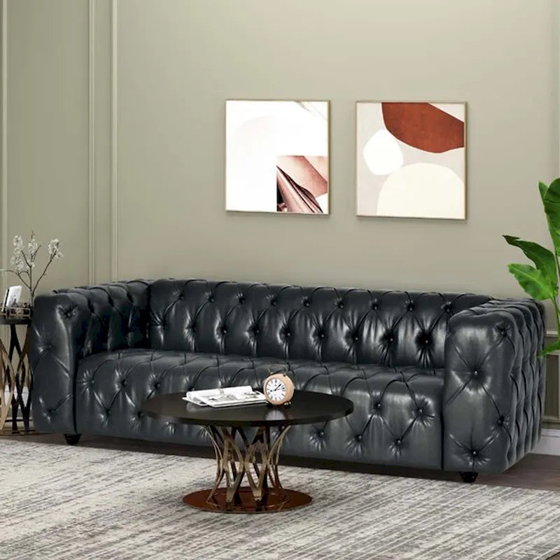Kunstleren driezitsbank met knoopstiksels en houten poten