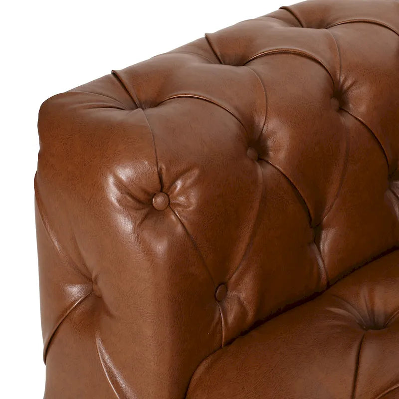 Faux Leather Button Tufted 3-seater Sofa with Wood Legs