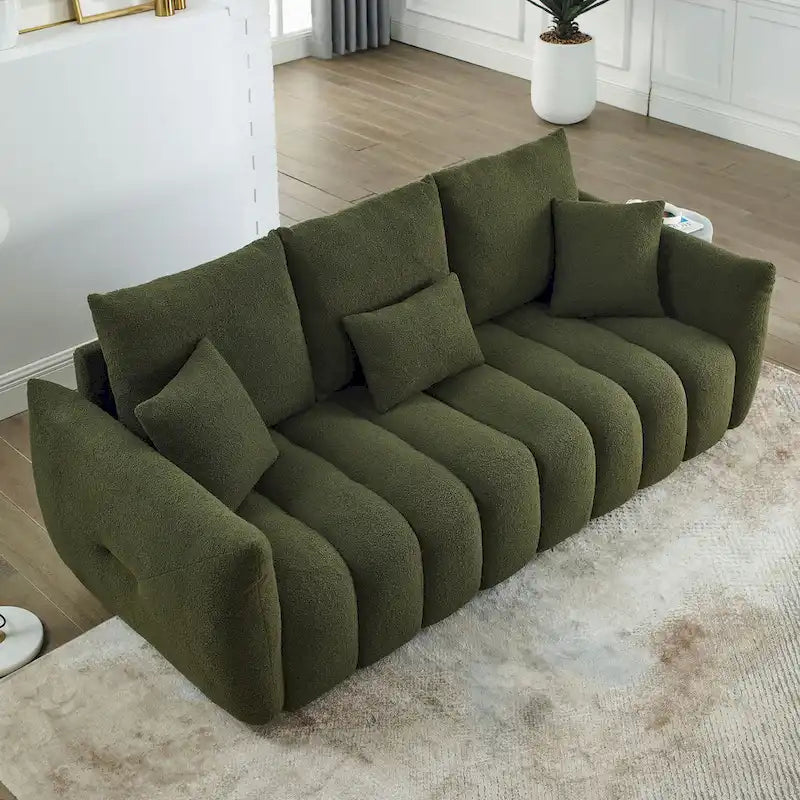 Divano a 3 posti Green Teddy con cuscini posteriori e struttura in legno