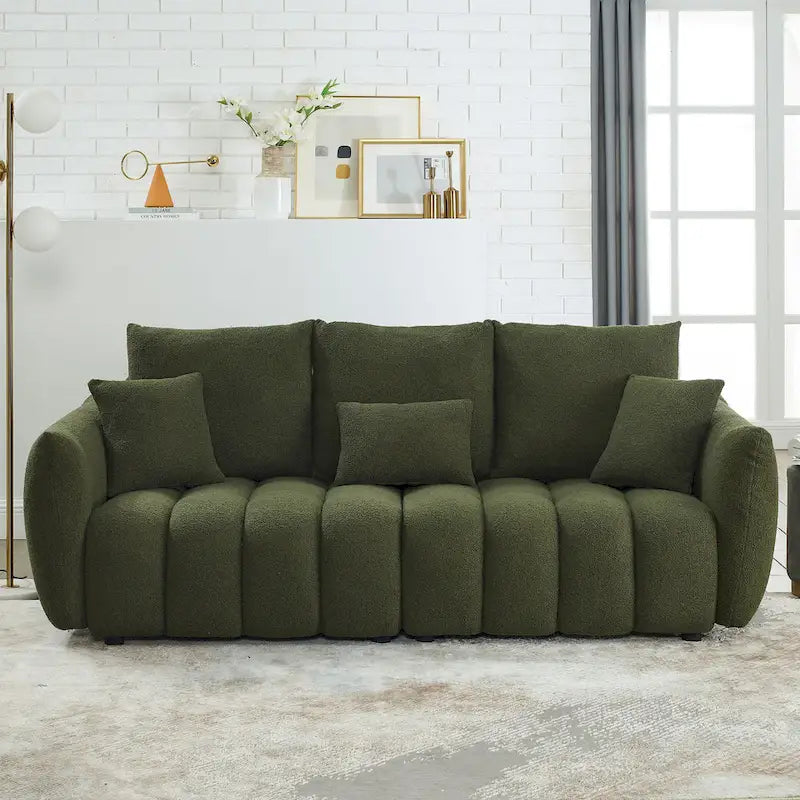 Divano a 3 posti Green Teddy con cuscini posteriori e struttura in legno