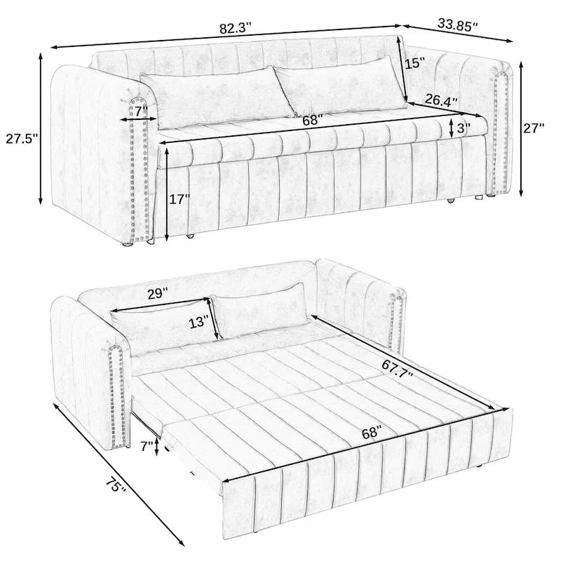 Modern 68 Foam 3 in 1 Pull-Out 3-seaters Bed Sleeper Sofa with Copper Nails and Two Drawers
