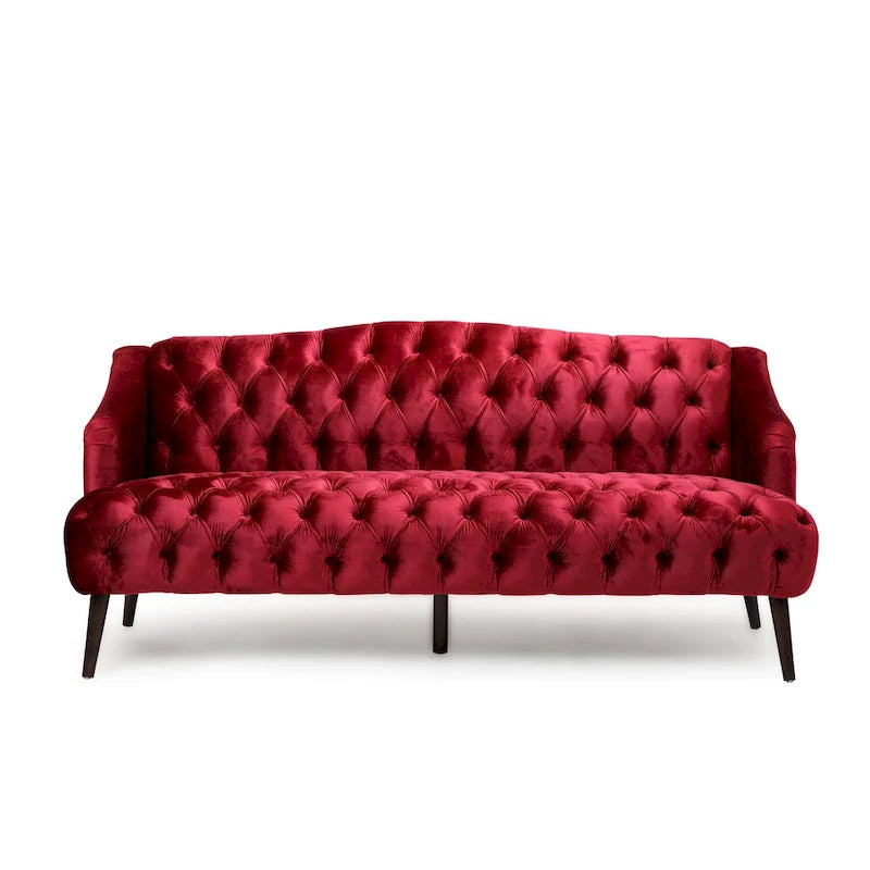 Wine Red Modern 73.25 Button Tufted 3-seater Sofa with Birch Wood Legs for Living Room