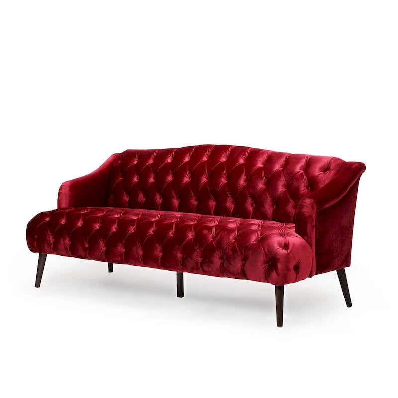 Wine Red Modern 73.25 Button Tufted 3-seater Sofa with Birch Wood Legs for Living Room