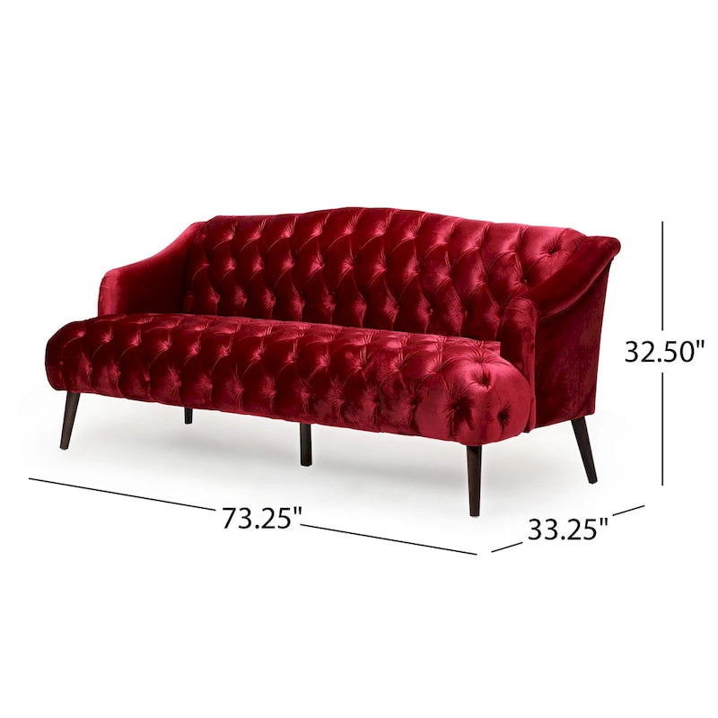 Wine Red Modern 73.25 Button Tufted 3-seater Sofa with Birch Wood Legs for Living Room
