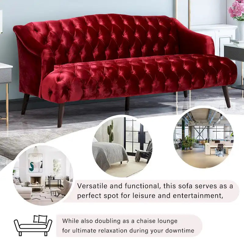 Wine Red Modern 73.25 Button Tufted 3-seater Sofa with Birch Wood Legs for Living Room