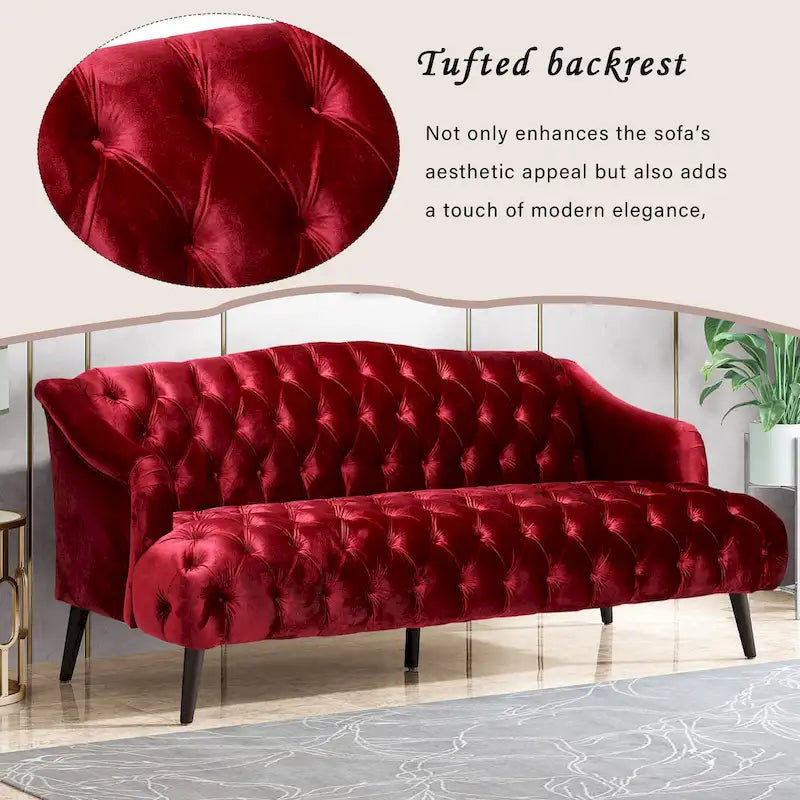 Wine Red Modern 73.25 Button Tufted 3-seater Sofa with Birch Wood Legs for Living Room