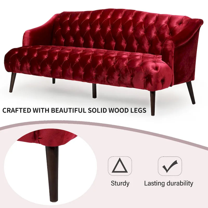 Wine Red Modern 73.25 Button Tufted 3-seater Sofa with Birch Wood Legs for Living Room
