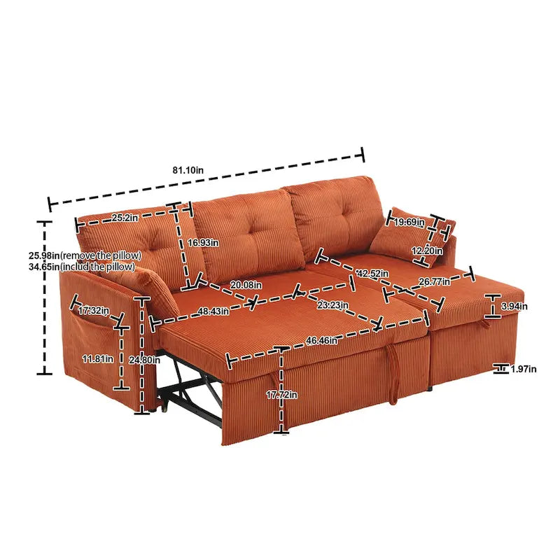 Orange 81.1 L-Shaped Fabric Sofa: Reversible Chaise, Storage, Solid Wood Frame, and Foam Seating
