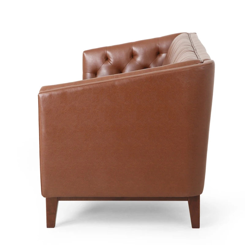 Light Brown Modern 81 Faux Leather Button Tufted 3-seater Sofa with Wood Legs for Living Room