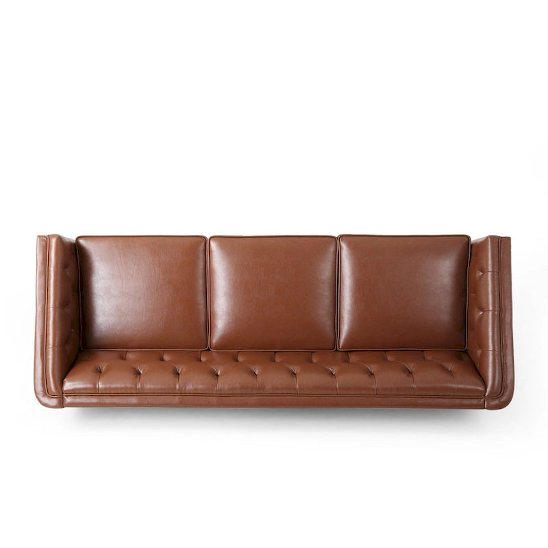 Light Brown Modern 81 Faux Leather Button Tufted 3-seater Sofa with Wood Legs for Living Room