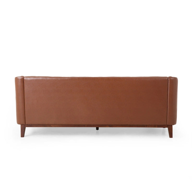 Light Brown Modern 81 Faux Leather Button Tufted 3-seater Sofa with Wood Legs for Living Room