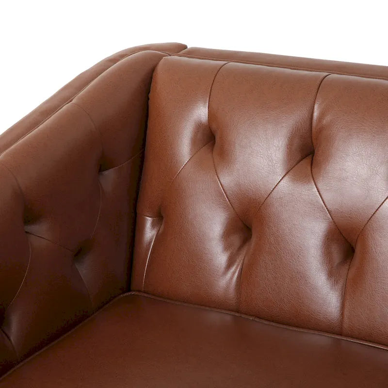 Light Brown Modern 81 Faux Leather Button Tufted 3-seater Sofa with Wood Legs for Living Room