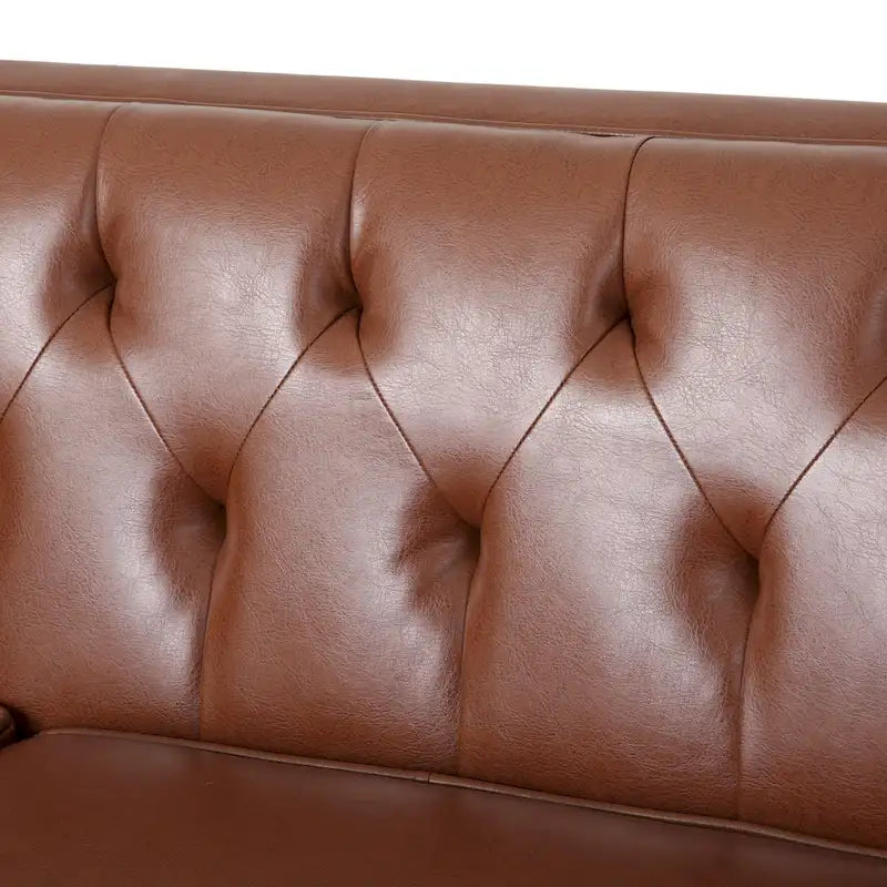 Light Brown Modern 81 Faux Leather Button Tufted 3-seater Sofa with Wood Legs for Living Room