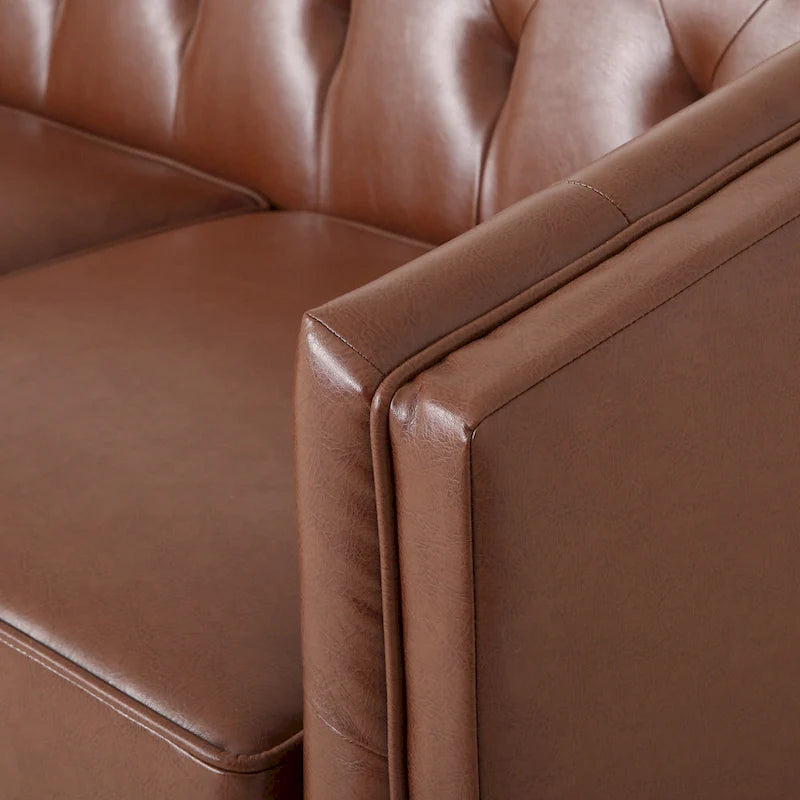 Light Brown Modern 81 Faux Leather Button Tufted 3-seater Sofa with Wood Legs for Living Room
