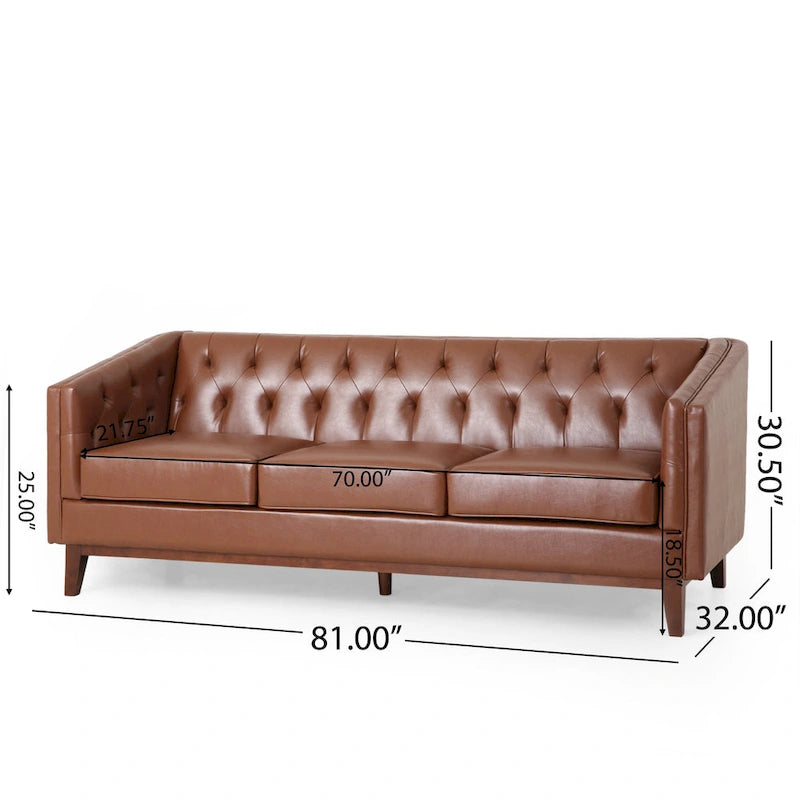 Light Brown Modern 81 Faux Leather Button Tufted 3-seater Sofa with Wood Legs for Living Room