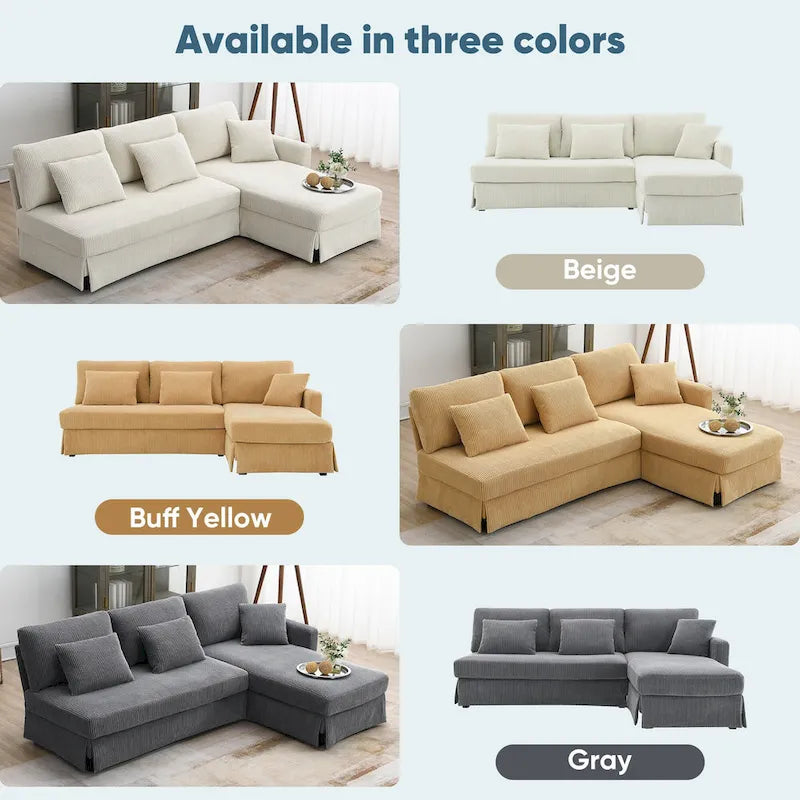Yellow 87 L-Shaped 3-Seater Sofa with Reversible Chaise and 3 Cushions, Space-Saving Design for Living Room