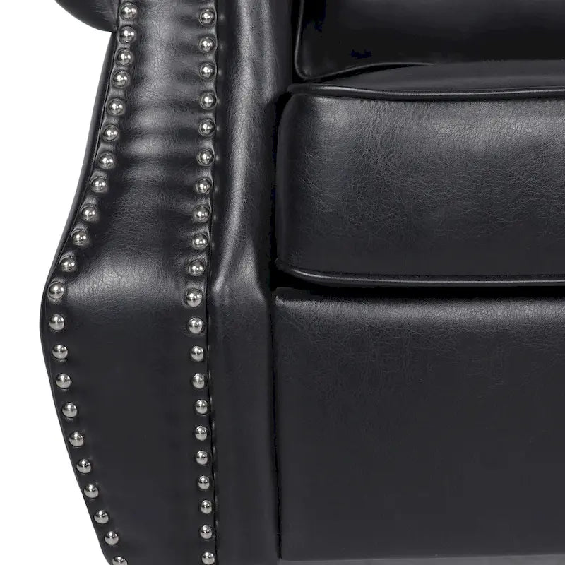 Black Modern 80 Faux Leather 3-seater Sofa with Birch Wood Legs and Nailheads for Living Room