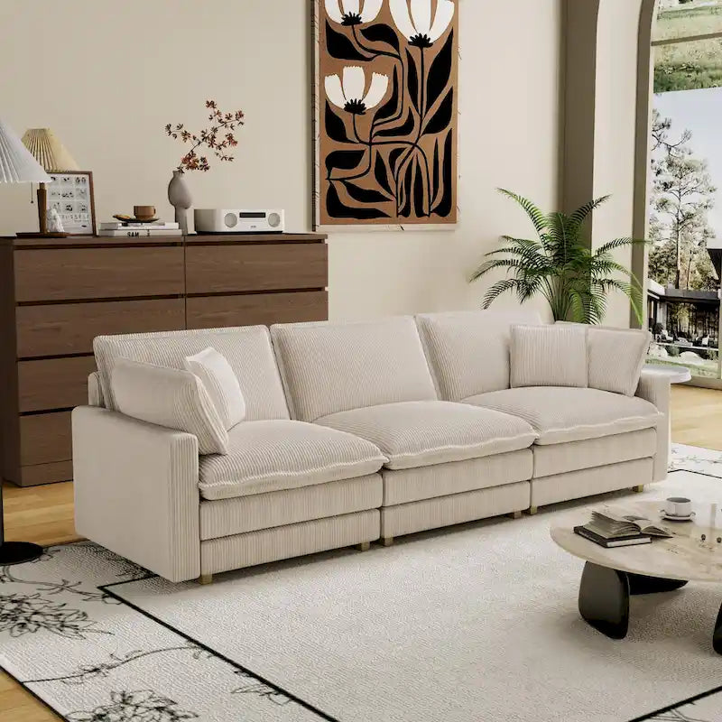 103 Corduroy Modern Classic 4-Seater Sofa with Deep Seat & 4 Pillows