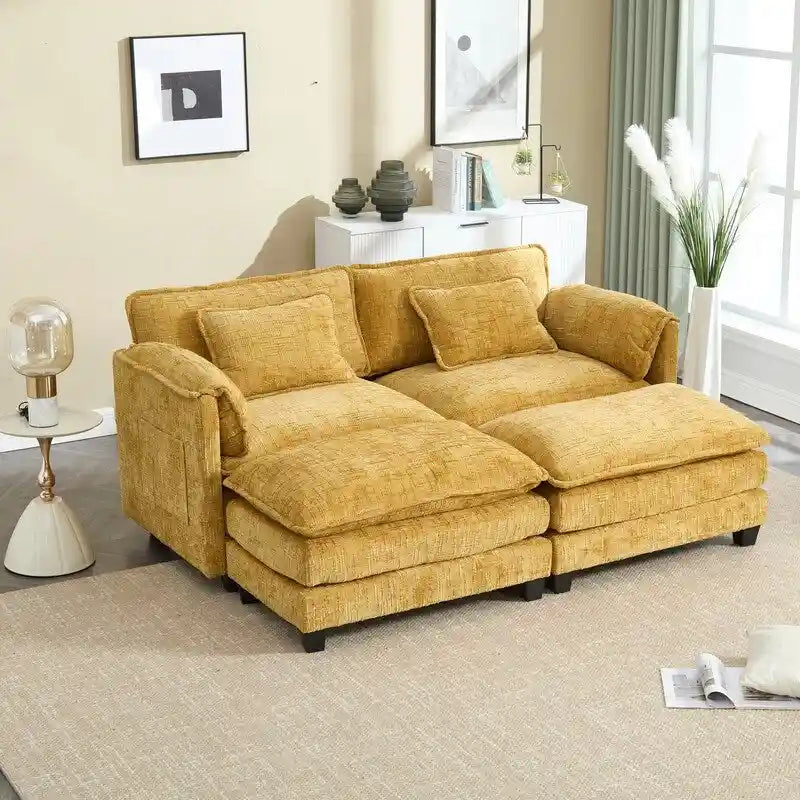 76.77 Chenille Upholstered Sofa with 2 Ottomans