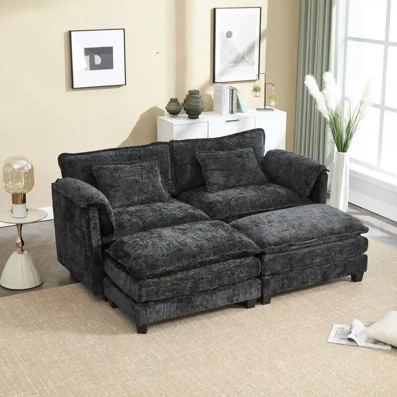 76.77 Chenille Upholstered Sofa with 2 Ottomans