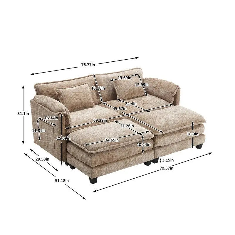 76.77 Chenille Upholstered Sofa with 2 Ottomans