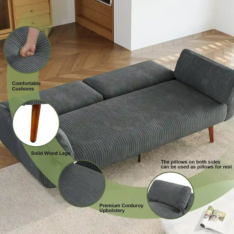 73 W Upholstered Corduroy Convertible Sleeper Sofa Bed with Pillows