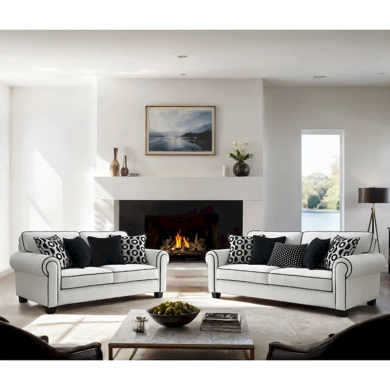 Furniture of America Anastasia White Chenille Sofa with Accent Pillows