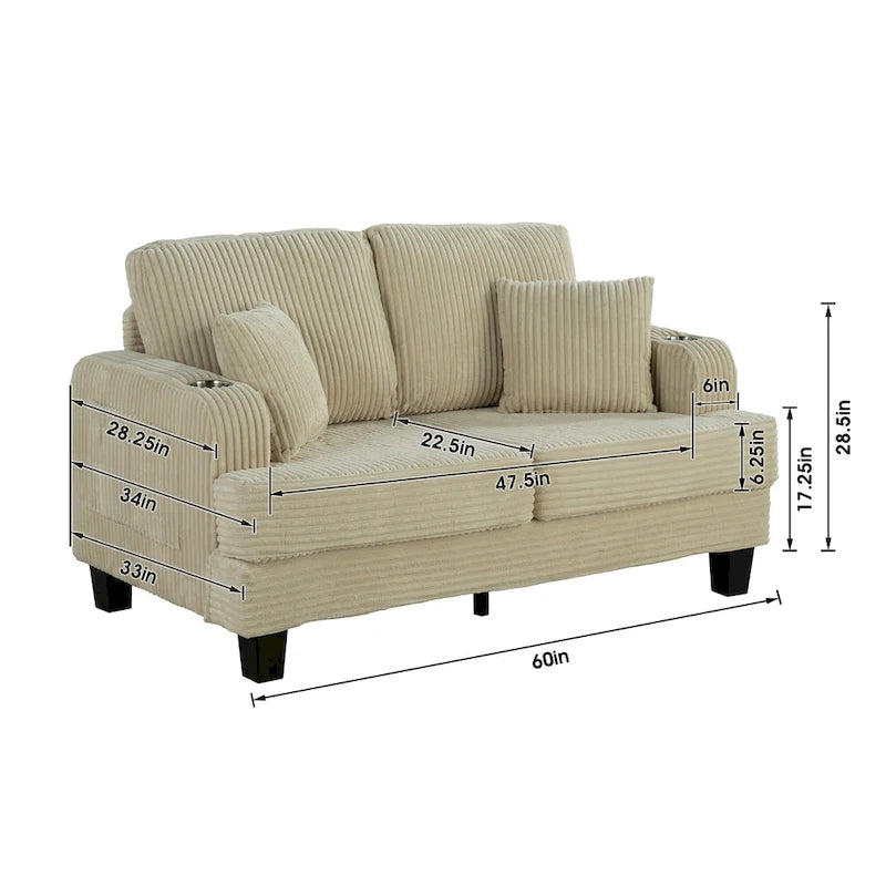61 Contemporary Corduroy Loveseat Sofa with 2 Pillows and Cup Holder