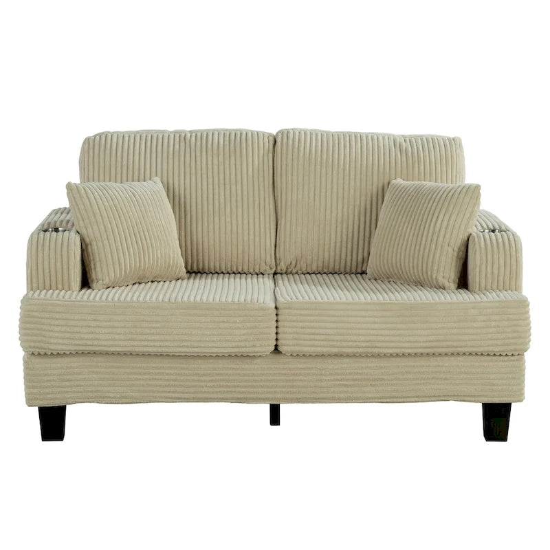 61 Contemporary Corduroy Loveseat Sofa with 2 Pillows and Cup Holder