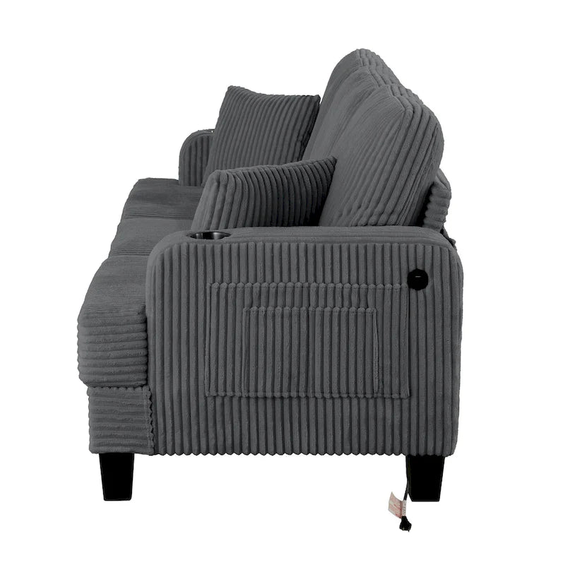 61 Contemporary Corduroy Loveseat Sofa with 2 Pillows and Cup Holder