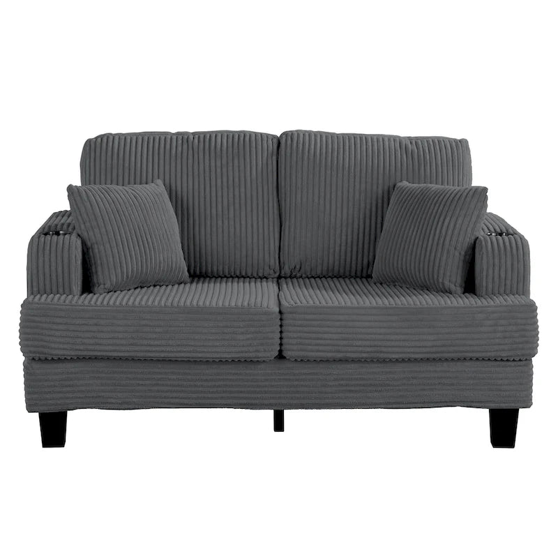 61 Contemporary Corduroy Loveseat Sofa with 2 Pillows and Cup Holder